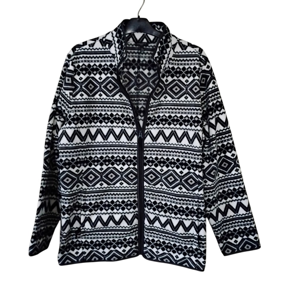 Talbots Woman Fleece Jacket 1X Black White Geometric Fair Isle Full Zip Mock